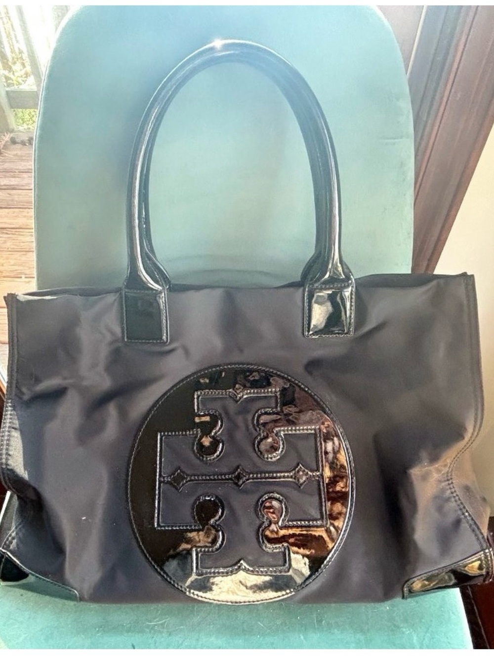 Black Women's Tote Bag with Patent Logo Accent Tory Burch